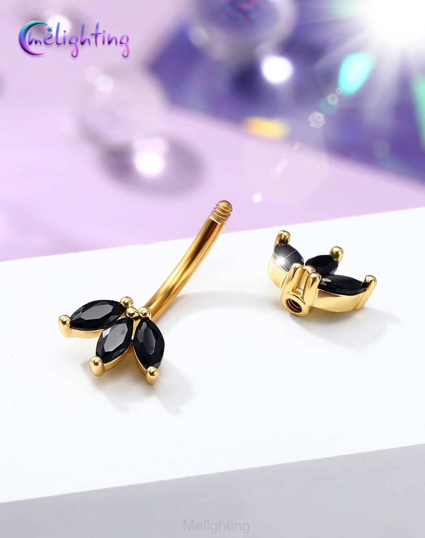 Melighting 14G Gold Lotus Belly Button Ring, Black CZ Navel Ring 316L Surgical Stainless Steel Marquise 5A CZ Belly Bar 8 mm