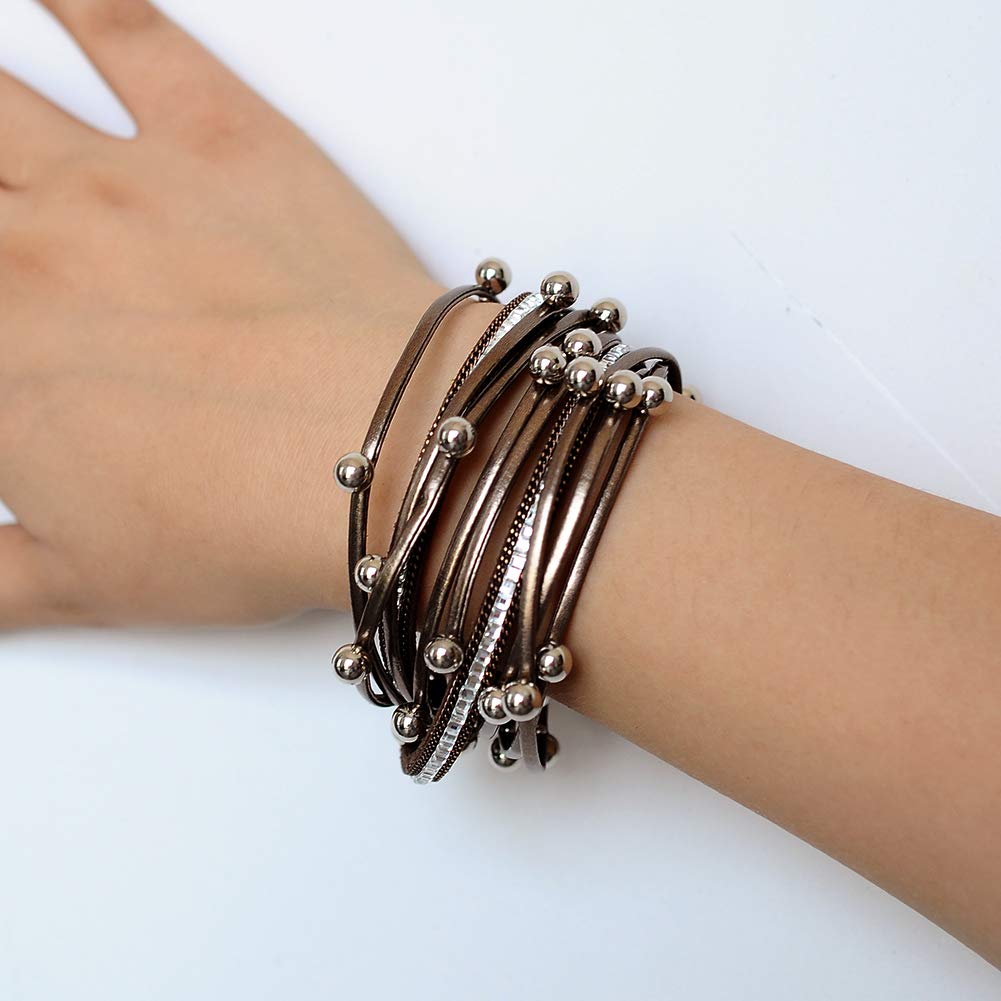 Artilady Leather Wrap Bracelet for Women - Handmade Clasp Bangle Bracelet with Pearl Beads Crystal Wristbands Jewelry Gift for Ladies and Mother