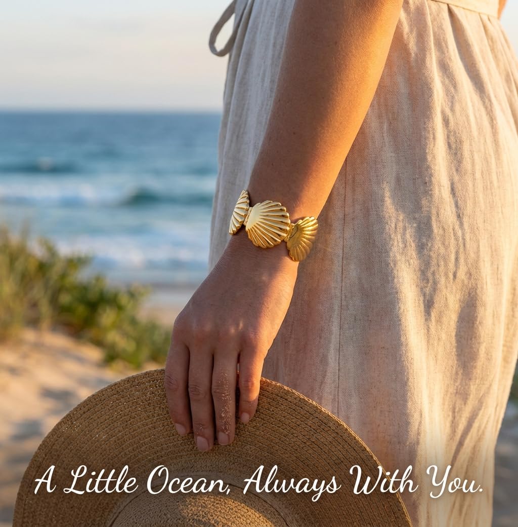MystiGlimmer 18K Gold Seashell Adjustable Bracelet for Women – Waterproof, Tarnish‑Free, Hypoallergenic Cuff with Luxury Gift Box – Meaningful Gift for Her (Seashell)