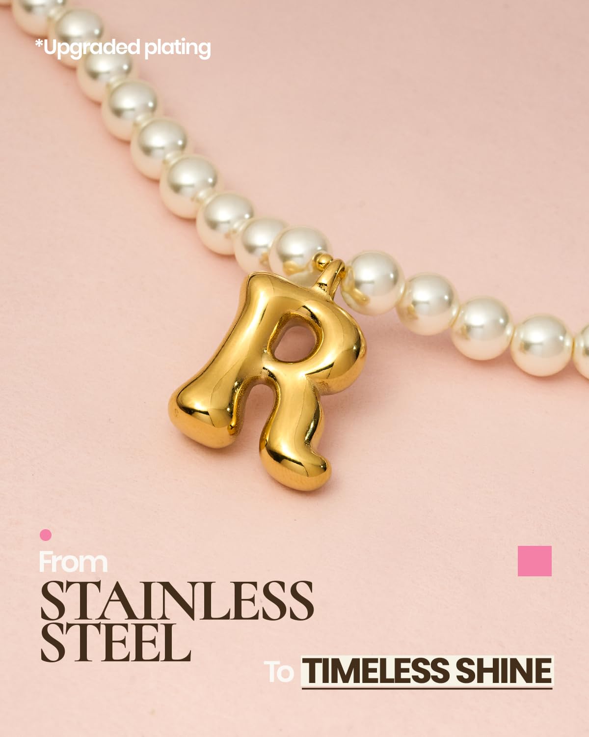 DoDoBeads Pearl Initial Necklace, 18K Gold Plated Stainless Steel Balloon Letter Pendant R, Non-Tarnish Waterproof Chunky Monogram Jewelry Gifts for Women Teens