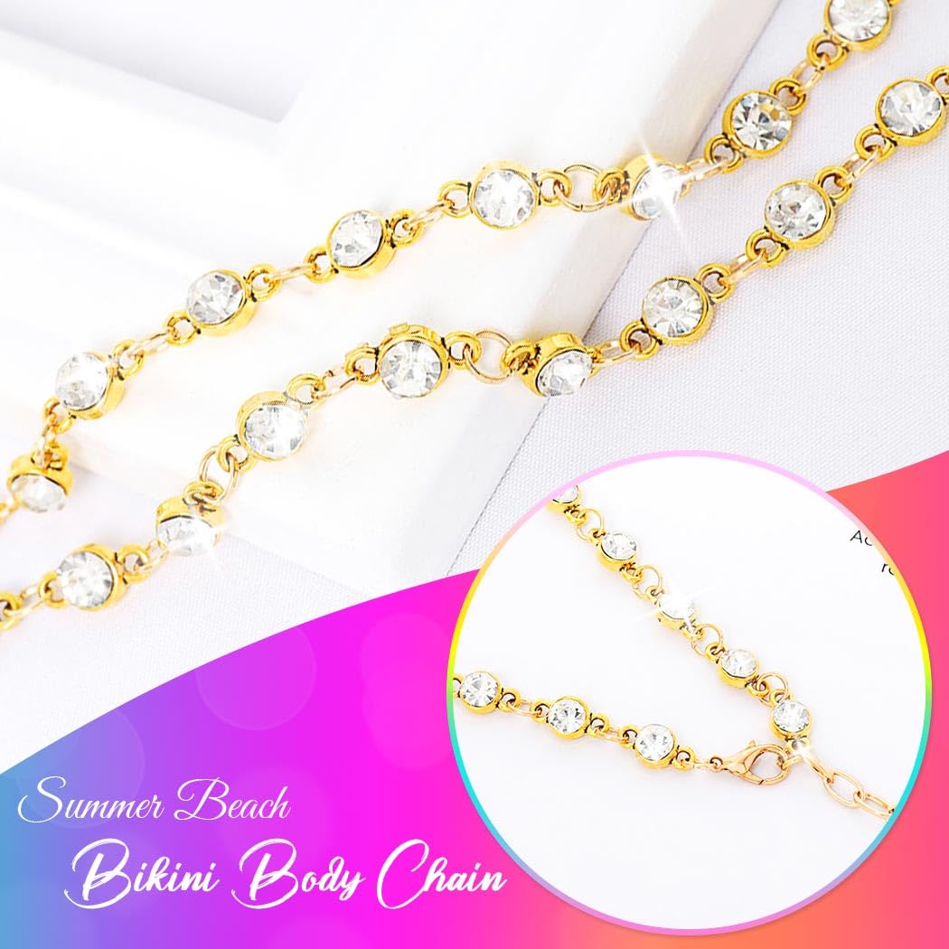 Nicute Rhinestone Belly Chain Gold Waist Chain Sparkly Body Jewelry for Women (Gold)