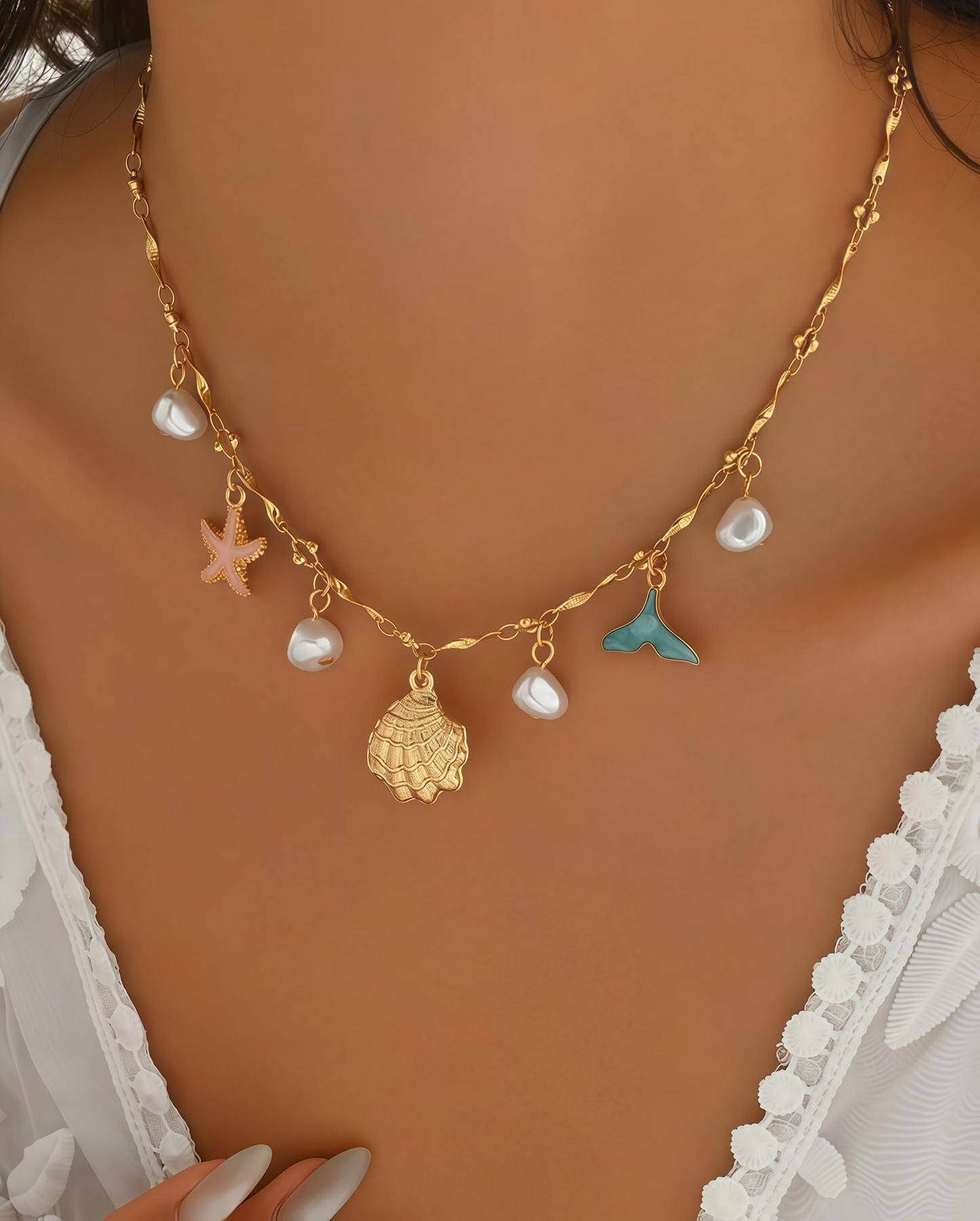 Shell Starfish Necklace for Women, 14k Gold Plated Boho Layered Beaded Charm Pendant Necklace, Dainty Adjustable Pearl Conch Summer Beach Vacation Jewelry Gifts(Colorful)