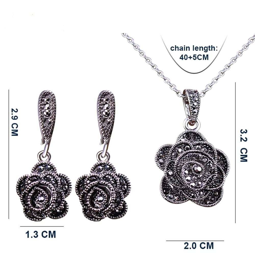 Zyoenxl Vintage Black Crystal Geometric Rose Flower Necklace Earrings Fashion Jewelry Sets Christmas Day Gifts