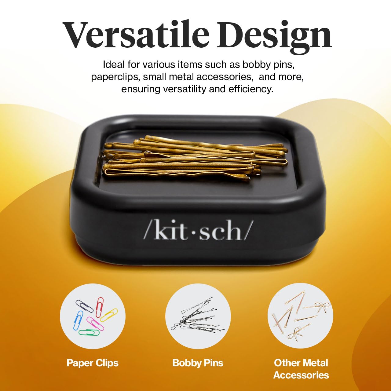Kitsch Magnetic Bobby Pin Holder - Cute Stuff, Strong Magnetic Pin Holder for Desk & Vanity, Securely Holds Metal Hair Clips, Bobby Pins & Paper Clip | Ideal Gifts for Women - Black, 1 Pc