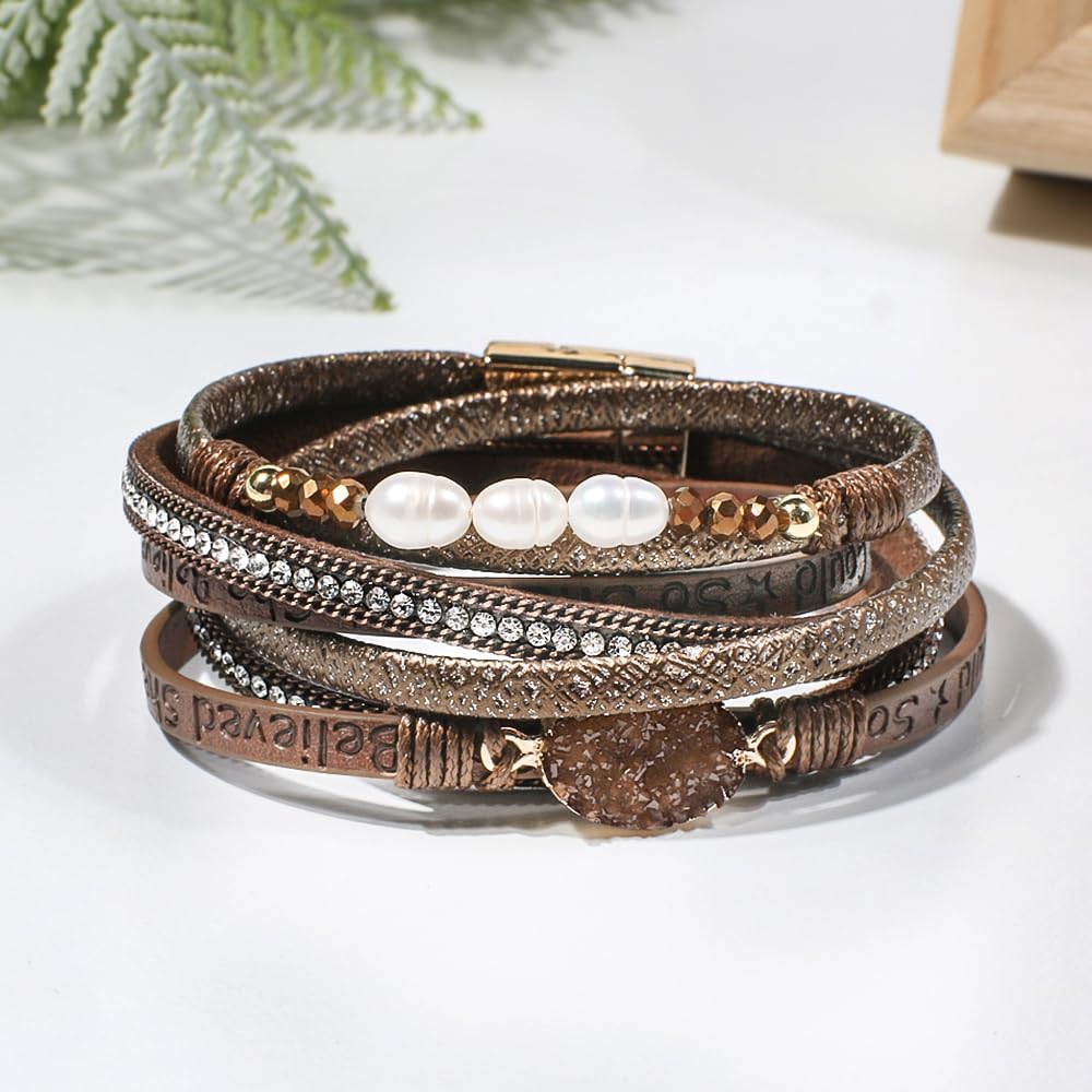 Artilady Leather Wrap Bracelet for Women - Handmade Clasp Bangle Bracelet with Pearl Beads Crystal Wristbands Jewelry Gift for Ladies and Mother
