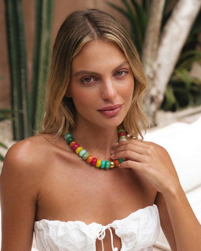 FAUTHENTICUTE Colorful Beaded Necklace for Women Large Flat Round Bead Statement Necklace with Gold Accent Trendy Boho Choker Necklaces Summer Y2K Jewelry Mothers Day Gifts