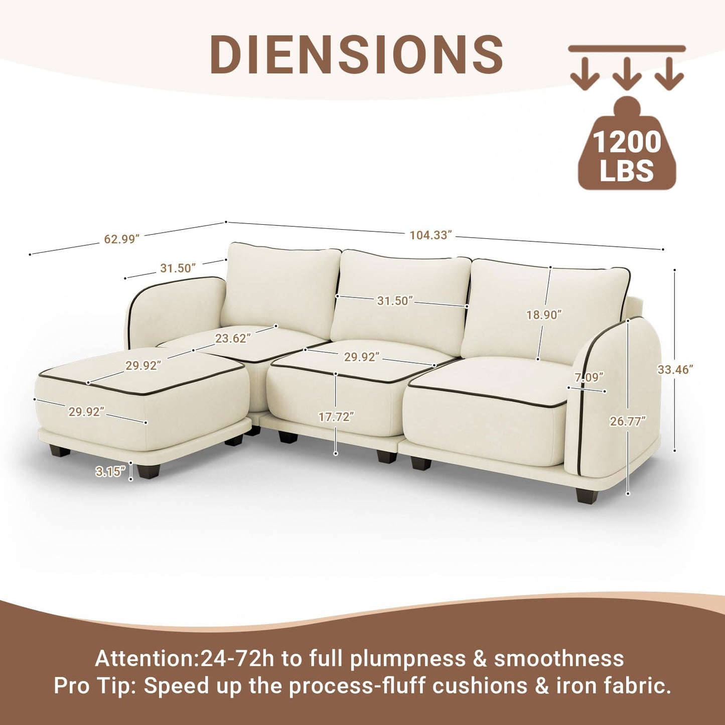 104 Inch L Shaped Modular Sectional Sofa, 4 Seater Modern Cloud Chenille Comfy Couch with Movable Ottoman & 3 Back Pillows, Oversized Comfy L Shape Couch for Living Room, Bedroom, Apartment, Beige