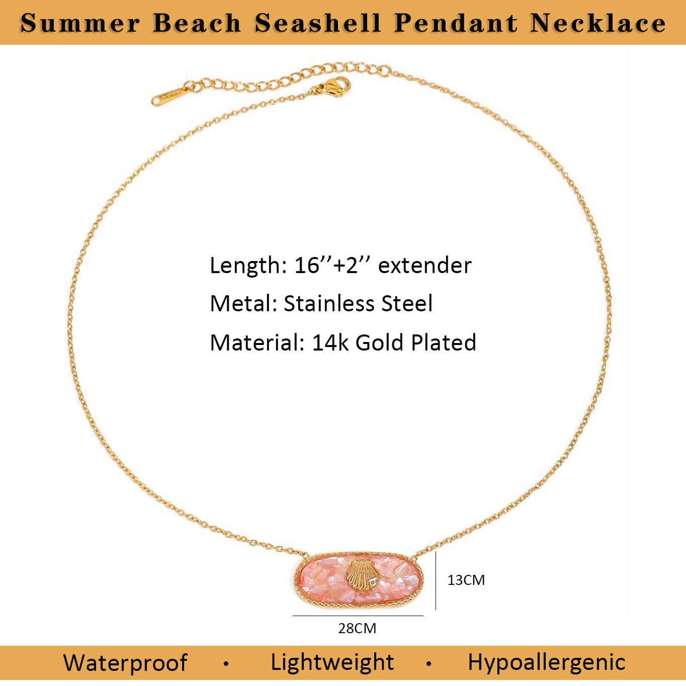 NUZON Enamel Seashell Pendant Necklace for Women Delicate 14K Gold Plated Chain Dangling Oval Inlay Pink Shell Necklace Ocean Cute Jewelry Gift Adjustable 16''