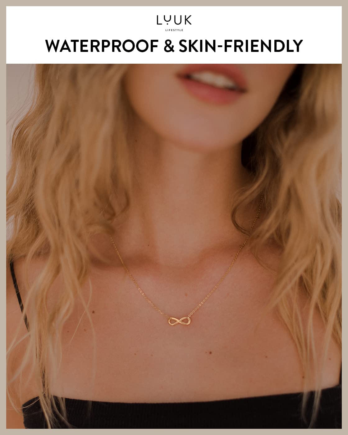 LUUK LIFESTYLE Necklace for women with Infinity pendant and HAPPINESS gift card, modern and minimalist fashion accessory, jewelry to offer, girlfriend, loved one, proof of infinite love, gold