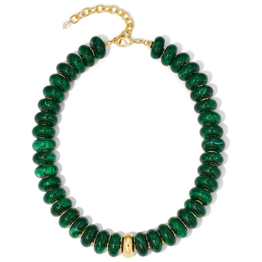 FAUTHENTICUTE Emerald Green Beaded Statement Necklace for Women Dark Green Acrylic Resin Bead Strand Necklace With Gold Accent Trendy Beach Choker Perfect Summer Jewelry Mothers Day Gifts