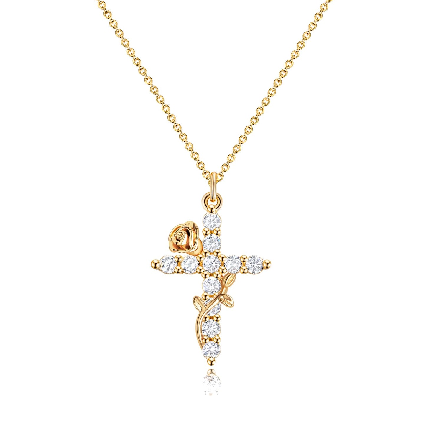 Robaice Flower Cross Necklace for Women, 14K Gold Plated Dainty Cubic Zirconia Faith Cross Pendant, Christian Religious Jewelry Gifts