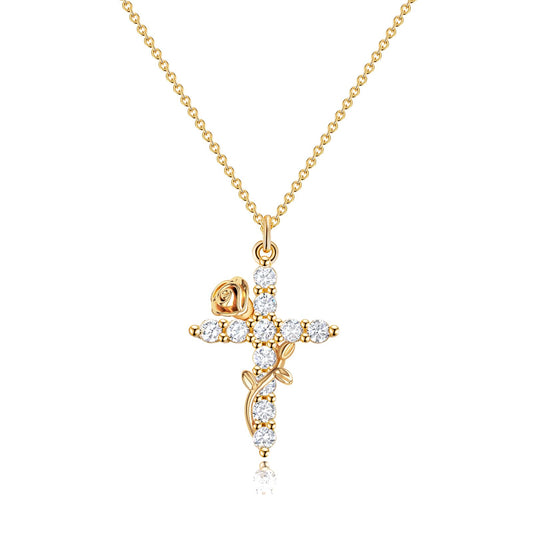 Robaice Flower Cross Necklace for Women, 14K Gold Plated Dainty Cubic Zirconia Faith Cross Pendant, Christian Religious Jewelry Gifts