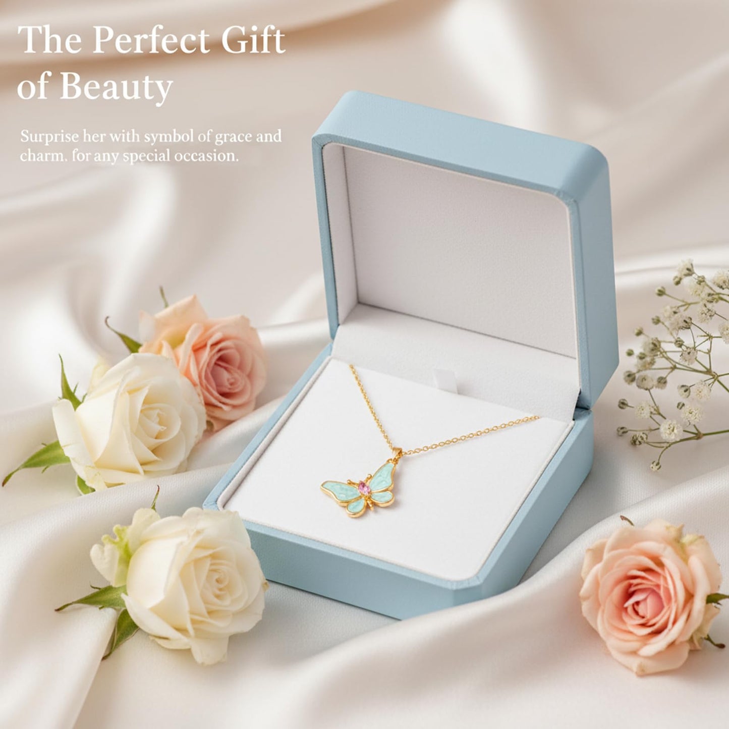 AUMRET Mint Green Enamel Lepidolite Butterfly Necklace For Women-Gold Plated Rose Quartz October Birthstone Necklace For Valentine's Day Mother's Day Christams Birthday Gifts