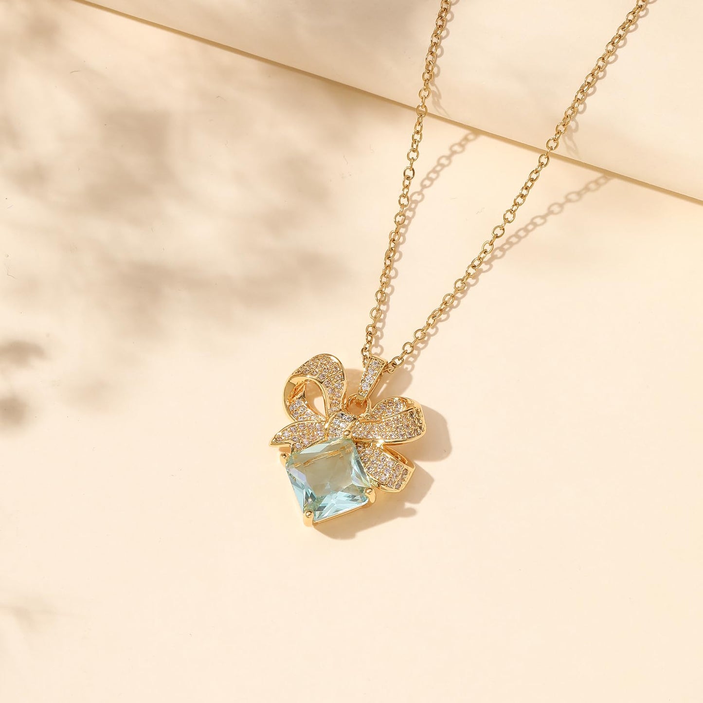 Square June Birthstone Bow Moonstone Necklace for Women-Gold Plated Moonstone Pendant Waterproof Non Tarnish Healing Crystal Vintage Necklace For Birthday Valentines Day Mother's Day Christmas Thanksgiving Gifts