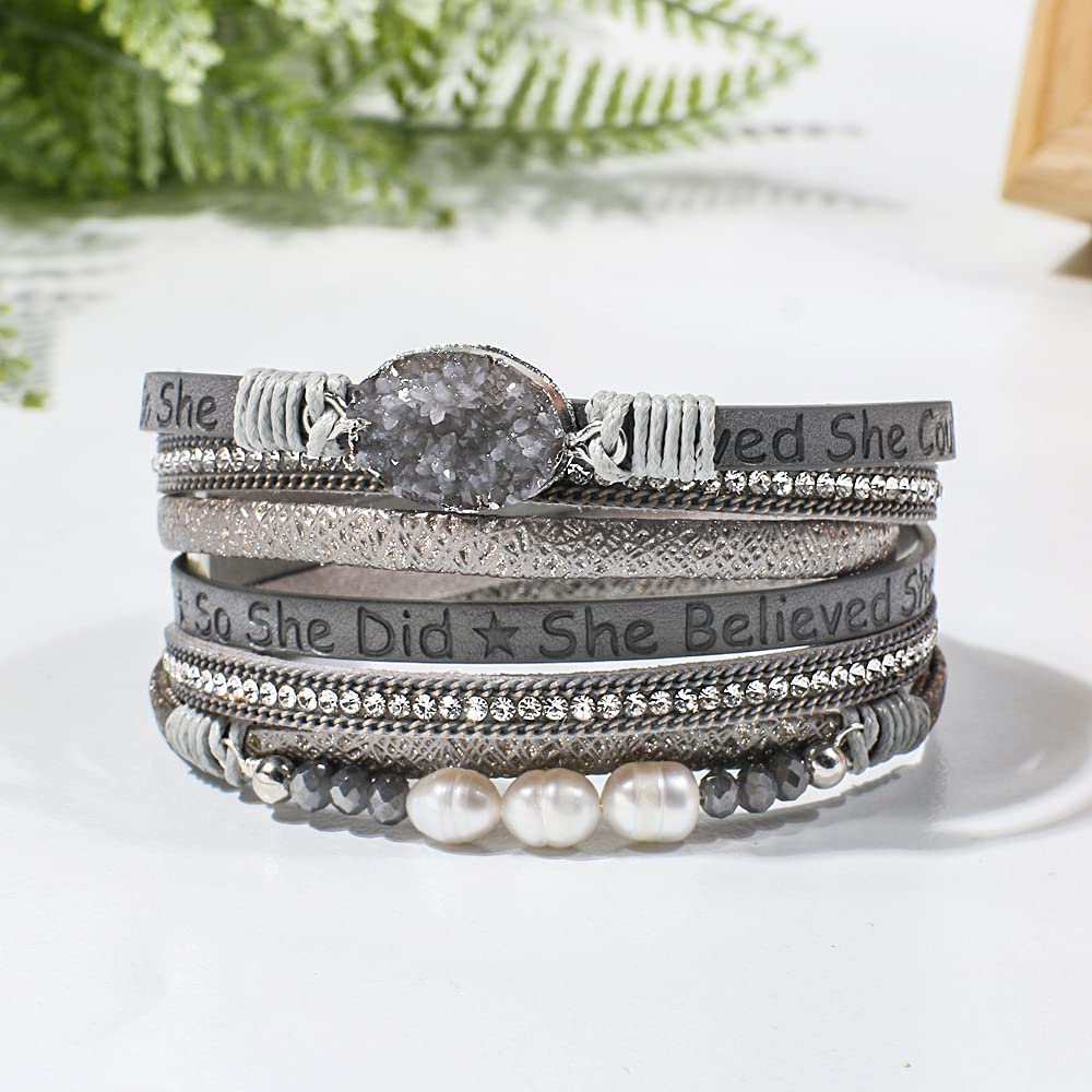 Artilady Leather Wrap Bracelet for Women - Handmade Clasp Bangle Bracelet with Pearl Beads Crystal Wristbands Jewelry Gift for Ladies and Mother