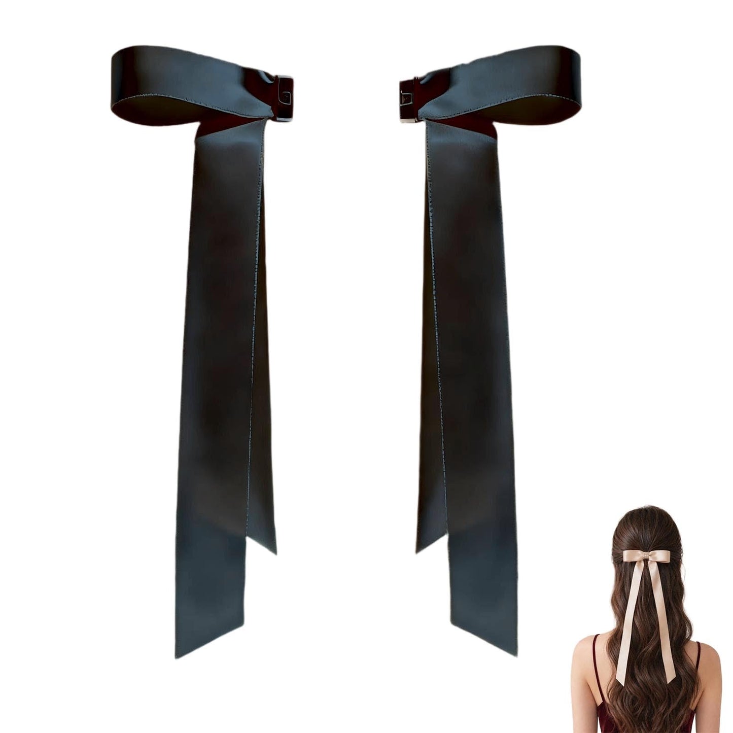 ASTRULUME 2Pcs Magnetic Hair Bows, Satin Ribbon coquette Bow Clips with Strong Hold No-Slip Design, 2-in-1 Instant Snap-On Hair Accessories for Women Girls(Black)