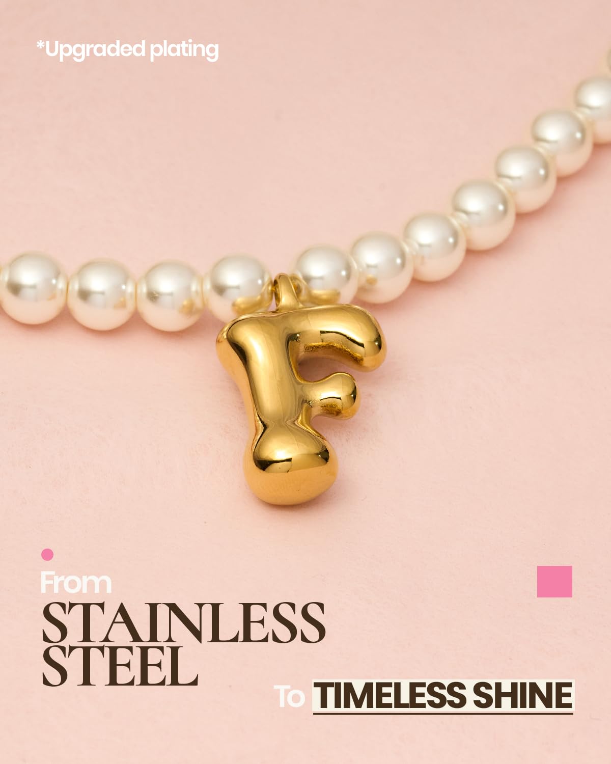 DoDoBeads Pearl Initial Necklace, 18K Gold Plated Stainless Steel Balloon Letter Pendant F, Non-Tarnish Waterproof Chunky Monogram Jewelry Gifts for Women Teens