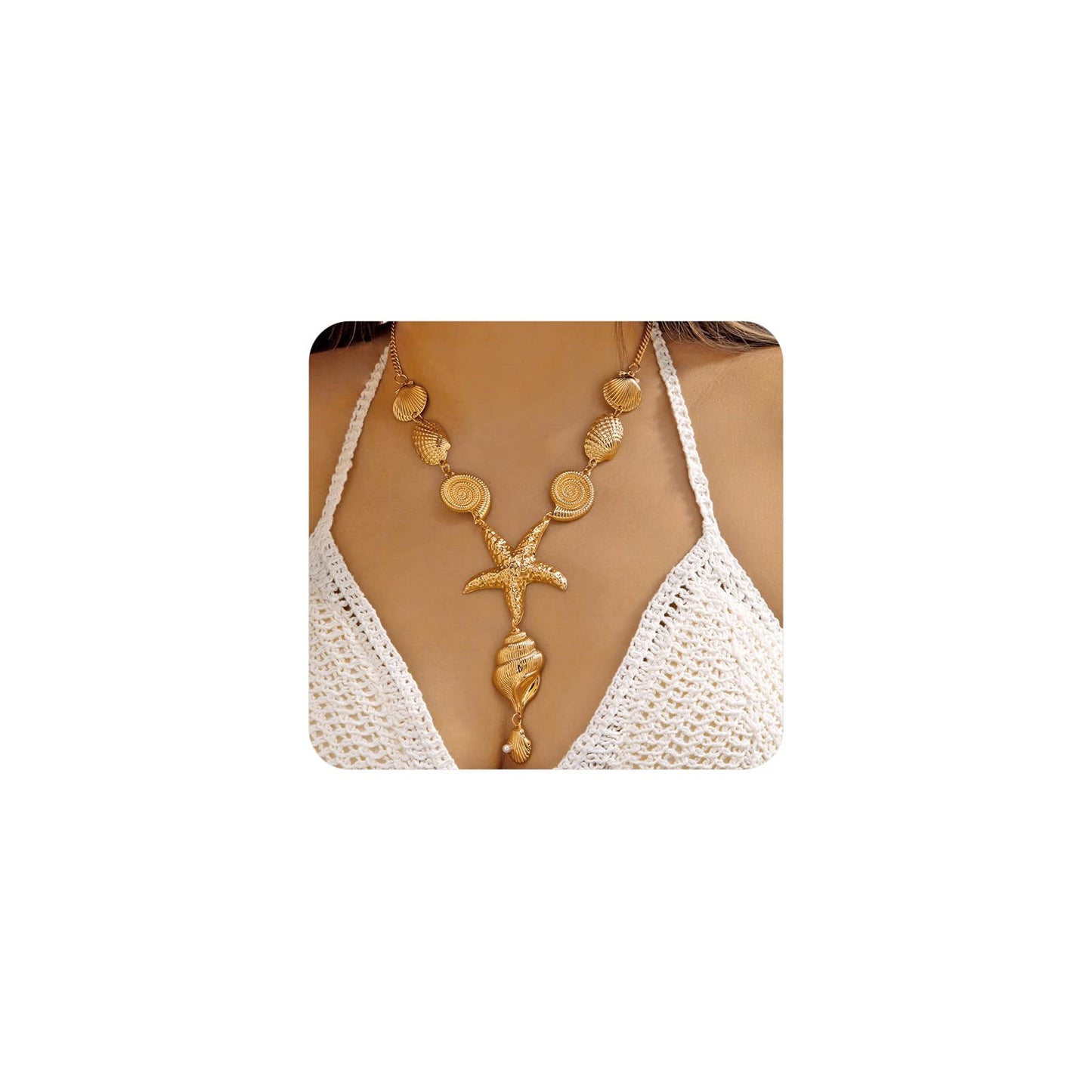 Twentylo Gold Chunky Starfish Statement Necklace for Women,Trendy Boho Layered Shell Choker Necklaces,Dainty Beach Vacation Dress Jewelry (Single)