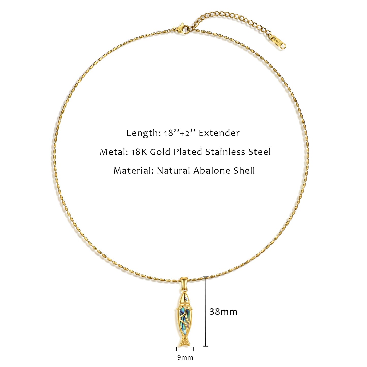 NUZON Abalone Shell Gold Fish Necklace for Women, 18K Gold Plated Stainless Steel Dainty Adjustable Chain with Sardine Pendant, Waterproof Hypoallergenic Layering Necklace for Beach & Everyday Wear 18’’