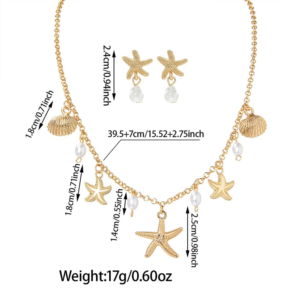 Quivox Gold Seashell Starfish Jewelry Set for Women Beach Necklace Earrings Sets Charm Pearl Choker Necklace Starfish Dangle Earrings Trendy Holiday Accessories (Gold2)
