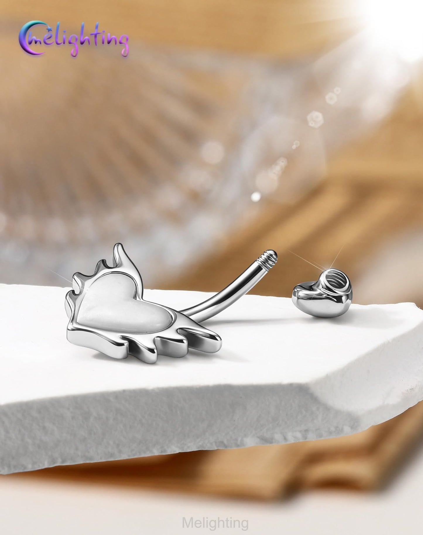 Melighting 14G Heart Belly Piercing, 316L Stainless Steel Belly Button Ring with Opal and Fire-Like Shape, 10 mm Navel Ring, Elegant Body Piercing Jewelry for Women