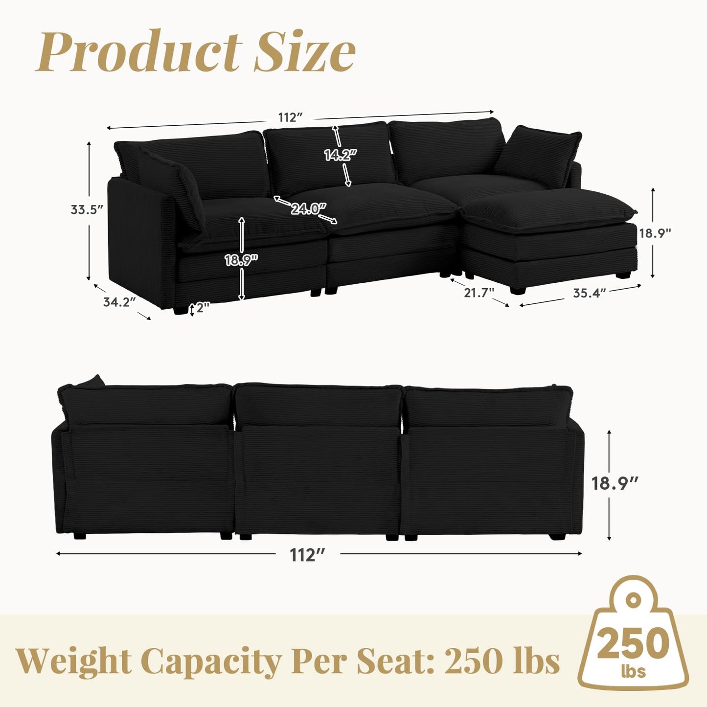 112'' Sectional Modular Cloud Couch, Oversized L Shaped 3 Seat Sofa with Movable Ottomans, 2 Throw Pillows, Upholstered Corduroy L Shape Comfy Deep Couches for Living Room and Office, Black