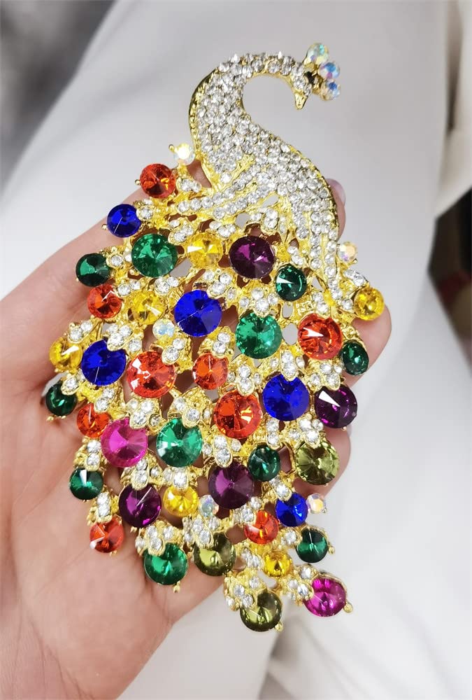 Rhinestone Peacock Brooch Pin for Women Girls Fashion Exquisite Exaggerated Big Crystal Bird Animal Brooches Lapel Pins Elegant Dress Accessories Wedding Christmas Birthday Jewelry Gift (Gold-Tone)