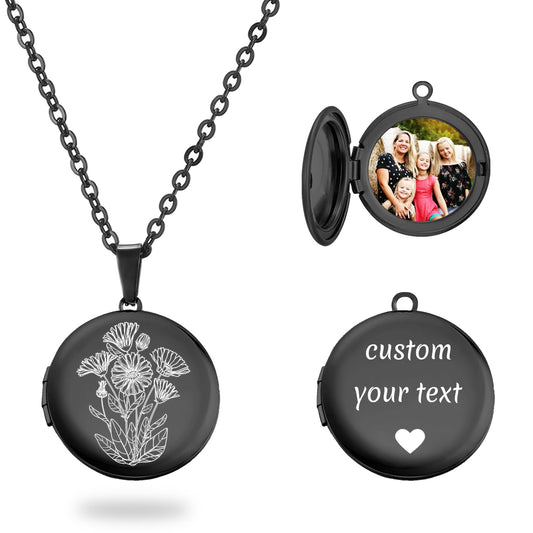 PHOCKSIN Black Round Locket Necklace 12 Birth Flowers Personalized Necklace that Holds Pictures Customized Gifts Locket Necklaces for Birthday