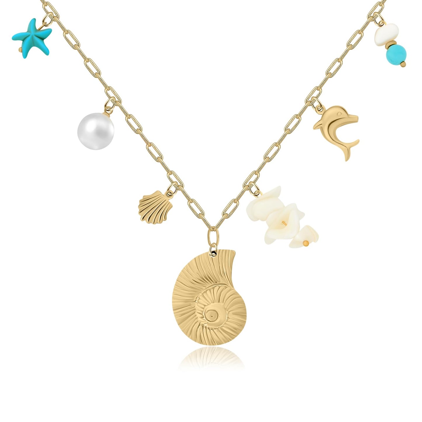Chunky Gold Necklace Statement Boho Beach Ocean Summer Stainless Steel Jewelry Shell Starfish Turquoise Dolphin Pearl Sun Flower Wave Heart Fish Charm Choker Necklaces for Women(Seashell)