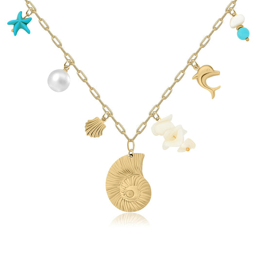 Chunky Gold Necklace Statement Boho Beach Ocean Summer Stainless Steel Jewelry Shell Starfish Turquoise Dolphin Pearl Sun Flower Wave Heart Fish Charm Choker Necklaces for Women(Seashell)