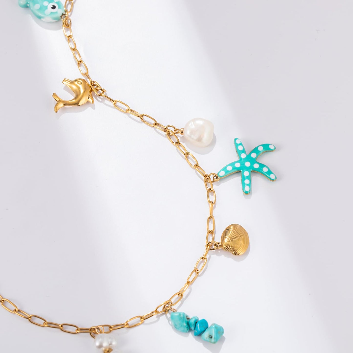 Chunky Gold Necklace Statement Boho Beach Ocean Summer Stainless Steel Jewelry Shell Starfish Turquoise Dolphin Pearl Sun Flower Wave Heart Fish Charm Choker Necklaces for Women(Teal)