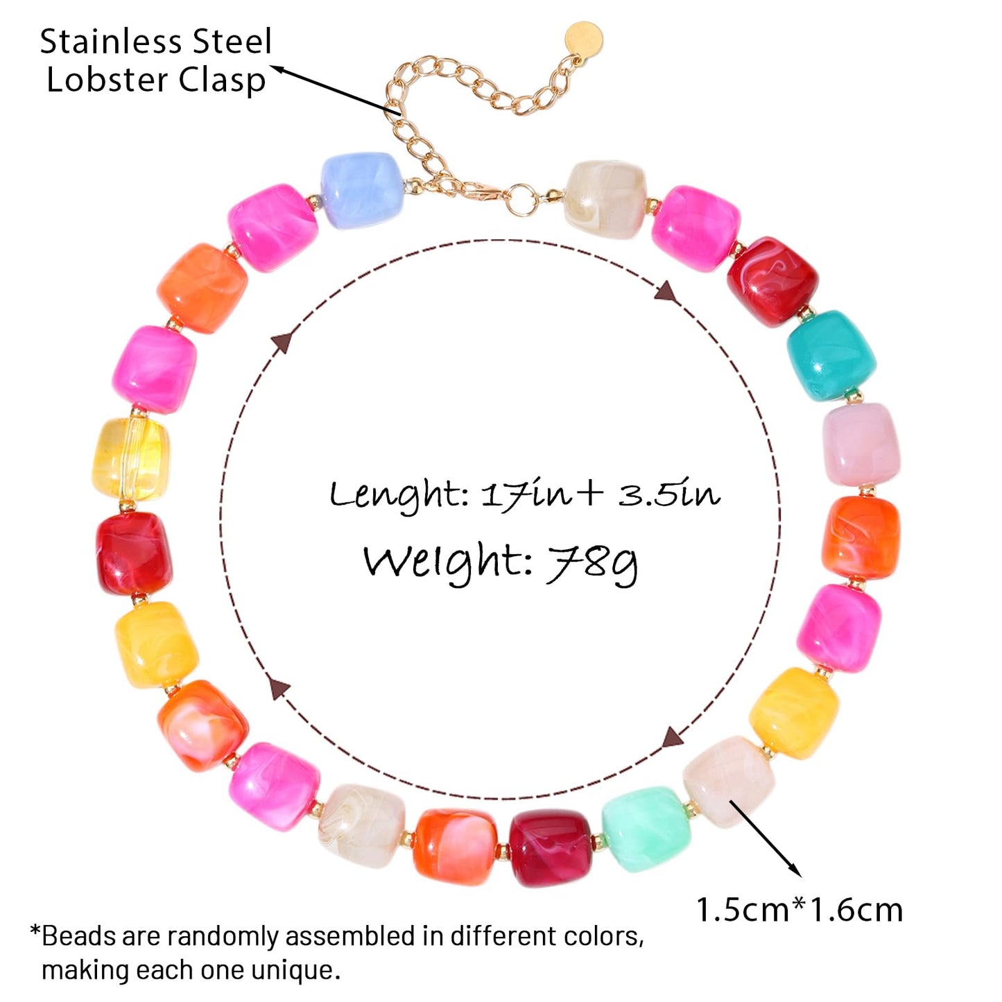 joymiao Resin Chunky Beaded Necklace for Women Colorful Rainbow Square Acrylic Beaded Necklace Statement Summer Jewelry