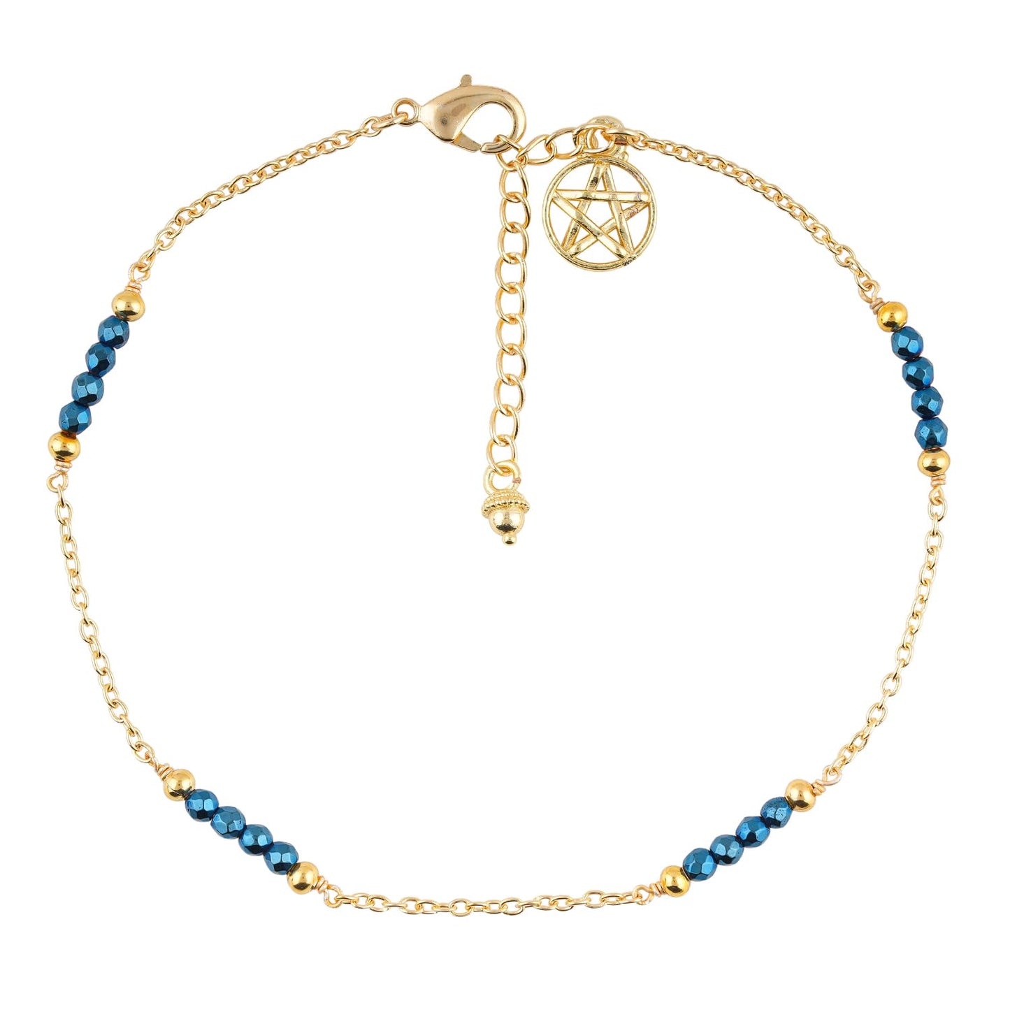CRYSTALINES Natural Blue Hametite Gemstone Beads, Handmade Station Dangle Star Charms Anklet, 14K Gold Plated, Adjustable Fashion Boho Jewelry for Women, Healing Crystals, Christmas Gift