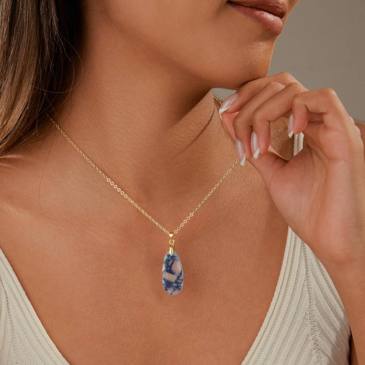 Sriomu Natural Healing Stone Chain Necklaces for Women Teardrop Gemstone Pendant Statement Gold Necklace (Blue Pink - Gold)