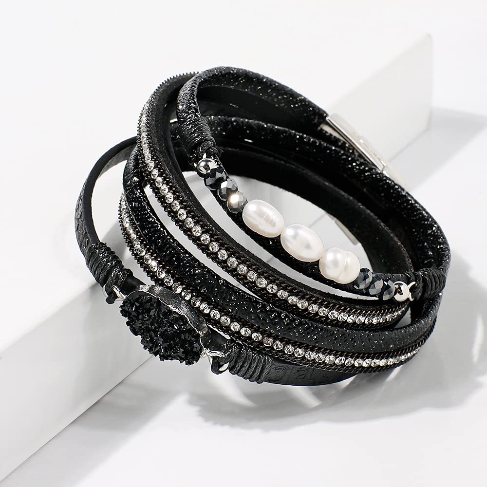 Artilady Leather Wrap Bracelet for Women - Handmade Clasp Bangle Bracelet with Pearl Beads Crystal Wristbands Jewelry Gift for Ladies and Mother