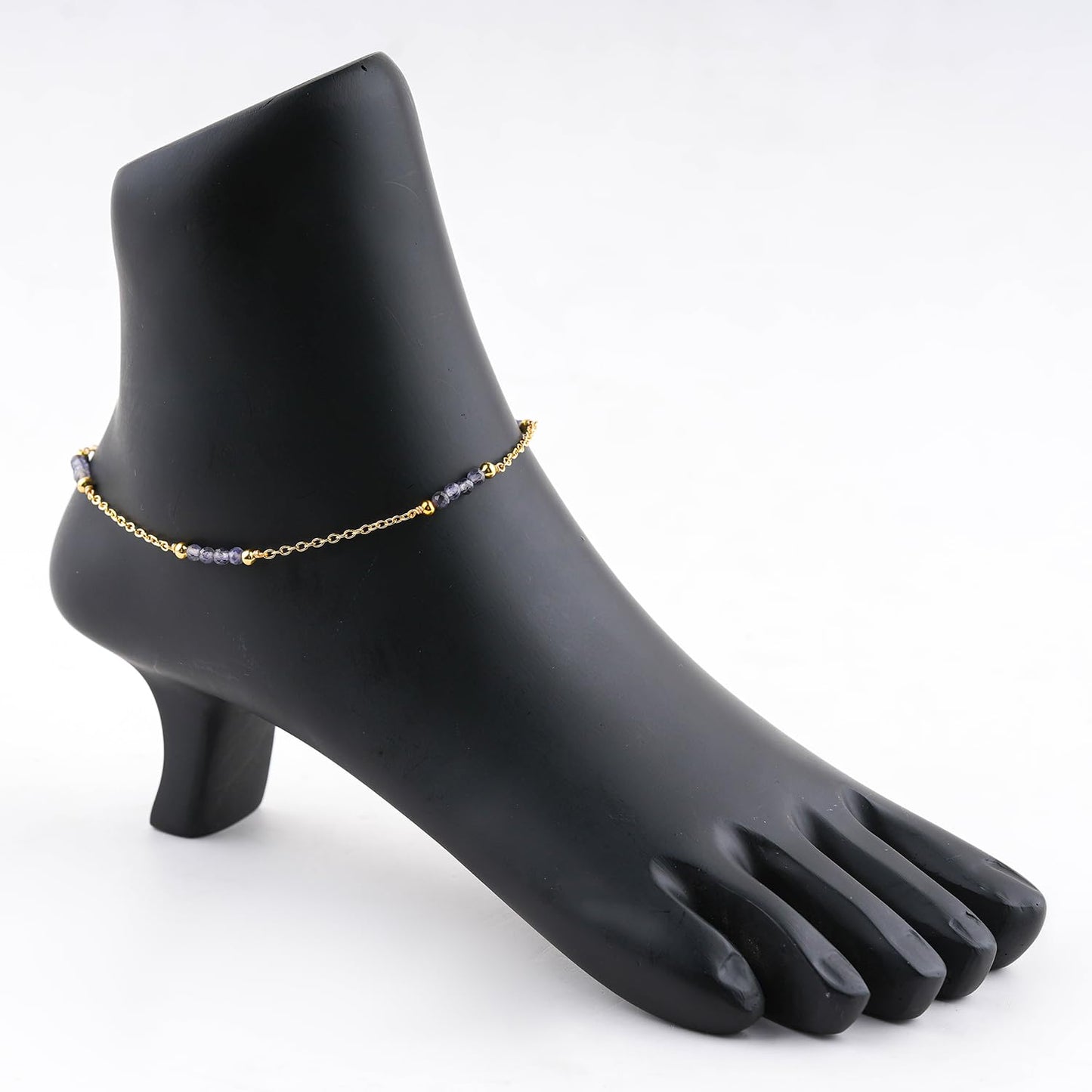 CRYSTALINES Natural Blue Iolite Gemstone Beads, Handmade Station Dangle Star Charms Anklet, 14K Gold Plated, Adjustable Fashion Boho Jewelry for Women, Healing Crystals, Christmas Gift