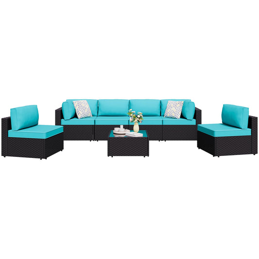 Shintenchi 7 Pieces Outdoor Patio Sectional Sofa Couch,PE Wicker Furniture Conversation Sets with Washable Cushions & Glass Coffee Table for Garden, Poolside, Backyard (Blue)