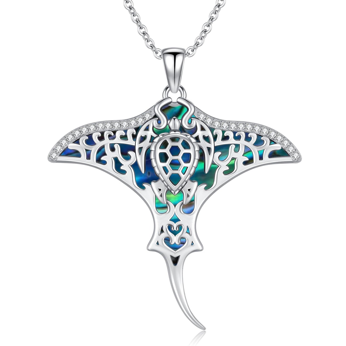 Midir&Etain 925 Sterling Silver Sea Turtle Stingray Necklace Manta Ray Pendant Ocean Jewelry Gift for Women Stingray Lovers