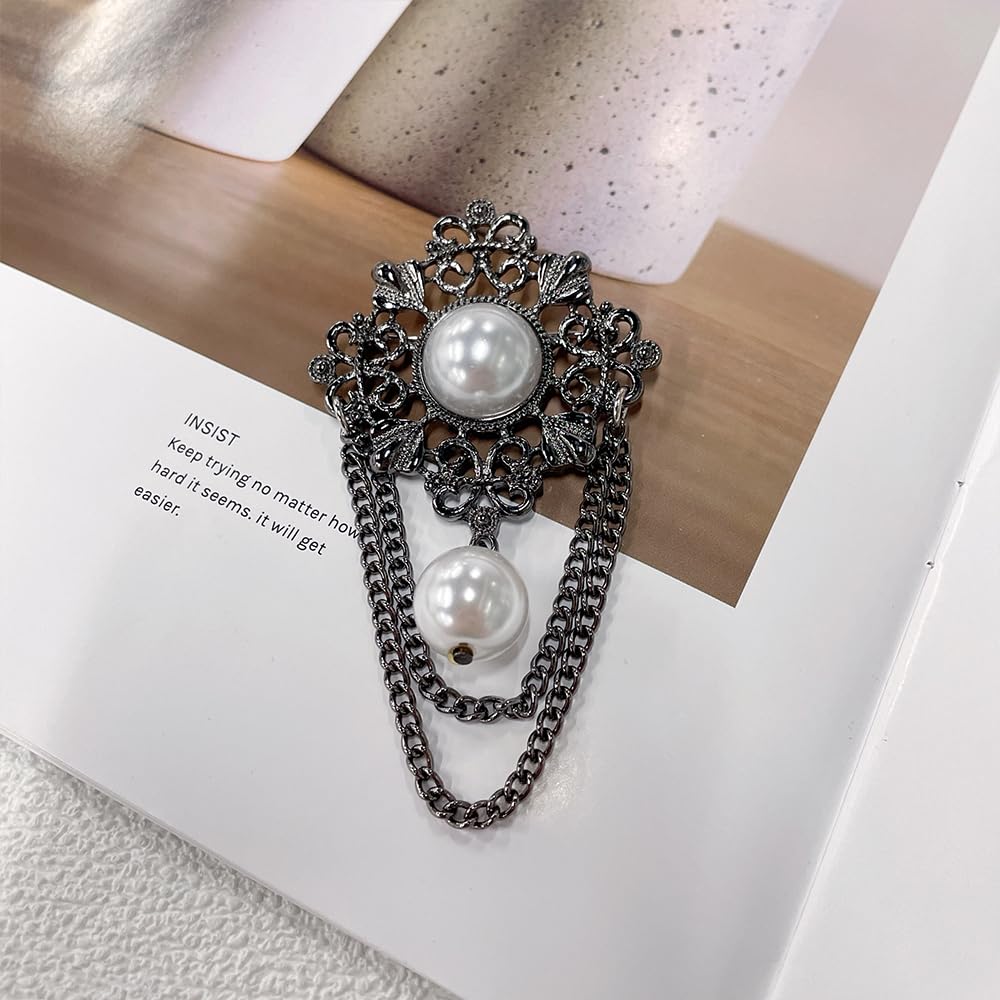 Vintage Round Pearl Filigree Flower Chain Tassel Brooches Lapel Pins for Women Girls Party Dance Banquet Dainty Boho Gold Dangle Drop Pin Dress Suit Clothes Accessories Jewelry (Black)