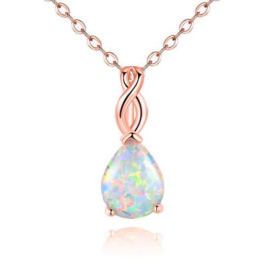 VOLUKA Teardrop White Fire Opal Necklace for Women 18K Rose Gold Plated October's Birthstone Gemstone Pendant Vintage Elegant Friendship Link Chains Choker Mother