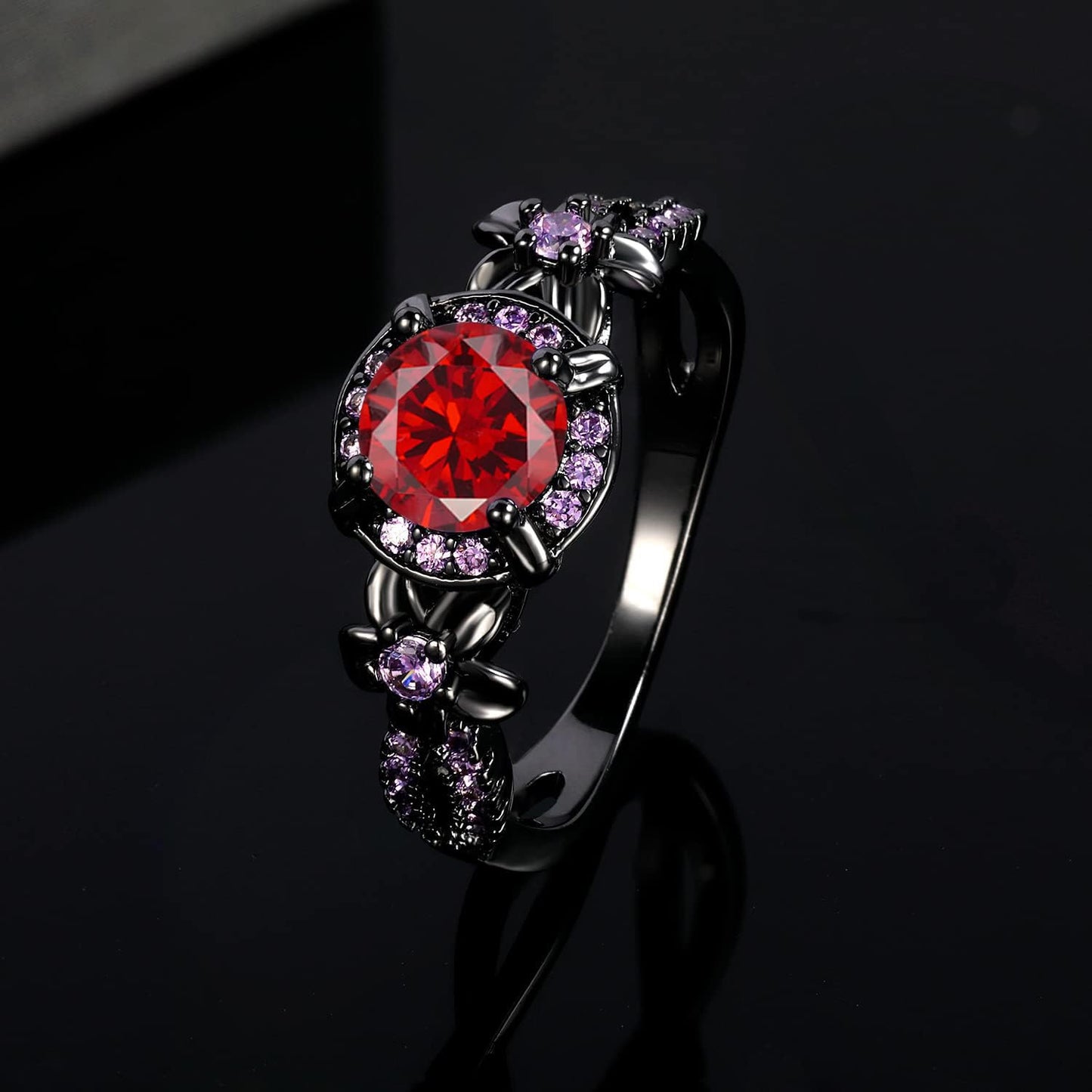 Vintage Black Gold Plated Ring with Created Garnet Gemstone, Purple CZ Accents, Wedding Engagement Band, Sizes 5-10 (8)
