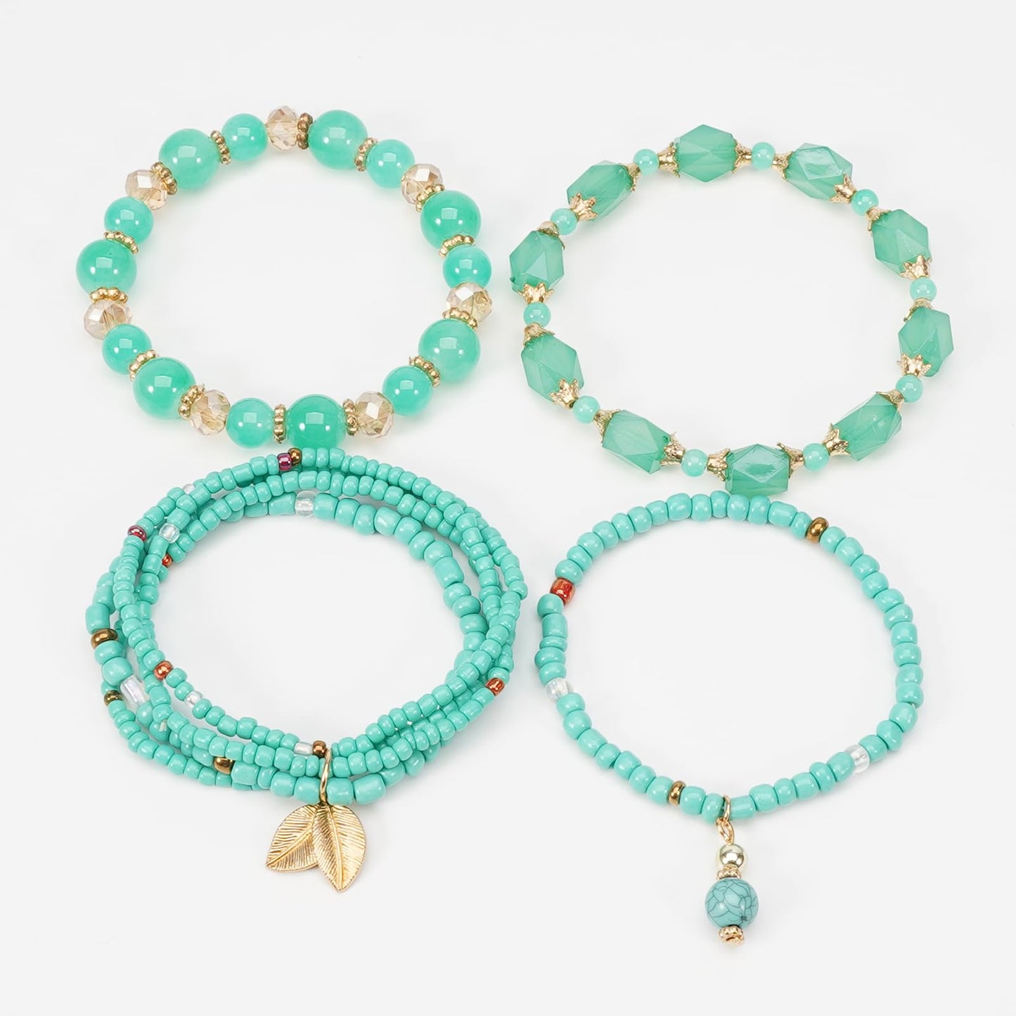 Briutn Turquoise Beaded Bracelet for Women Stackable Gold Leaf Charm Stretch Bracelets Boho Summer Beach Jewelry