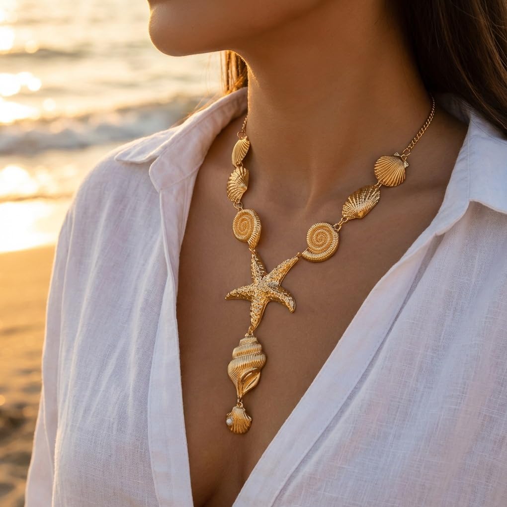 Twentylo Gold Chunky Starfish Statement Necklace for Women,Trendy Boho Layered Shell Choker Necklaces,Dainty Beach Vacation Dress Jewelry (Single)