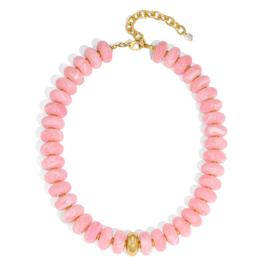 HolidayQbee Beaded Necklace for Women Chunky Beaded Choker Necklace Boho Oval Pink Big Bead Statement Necklaces Fashion Trendy Summer Beach Jewelry Gifts
