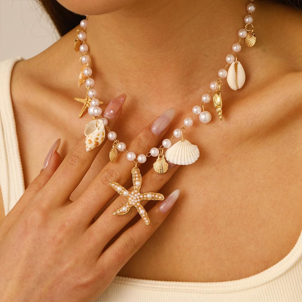 Charming Beachy Sea shell star Starfish Necklace for Women, Dainty Boho Beaded Pearl Seashell Conch Choker Necklaces Cute Beach Holiday Jewelry Accessories (Gold)
