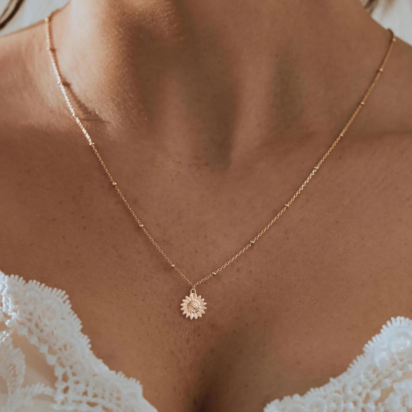 BSGRL Gold Necklace for Women: 14K Gold Plated Dainty Sunflower Necklace 16.5”+2” ext