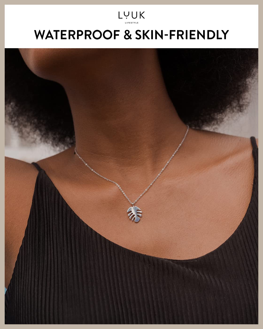 LUUK LIFESTYLE Necklace for women in stainless steel with monstera leaf pendant and HAPPINESS card, gift idea, symbol of nature and well-being, necklace for women, women jewelry, silver