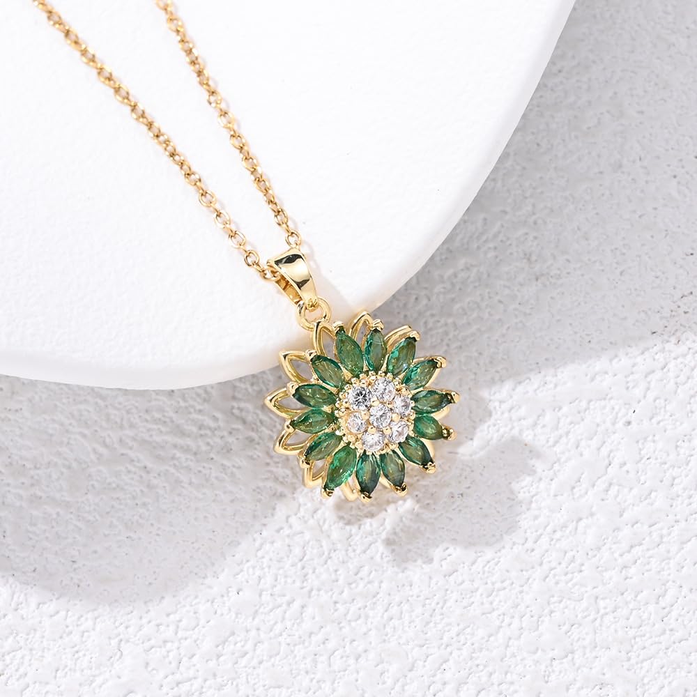 KONPJE Sunflower Fidget Necklace for Women Gold Moon Necklace Rotating Heart Necklaces Spinning Crystal Sunflower Anxiety Necklaces Crescent Moons Jewelry Accessories (Green)