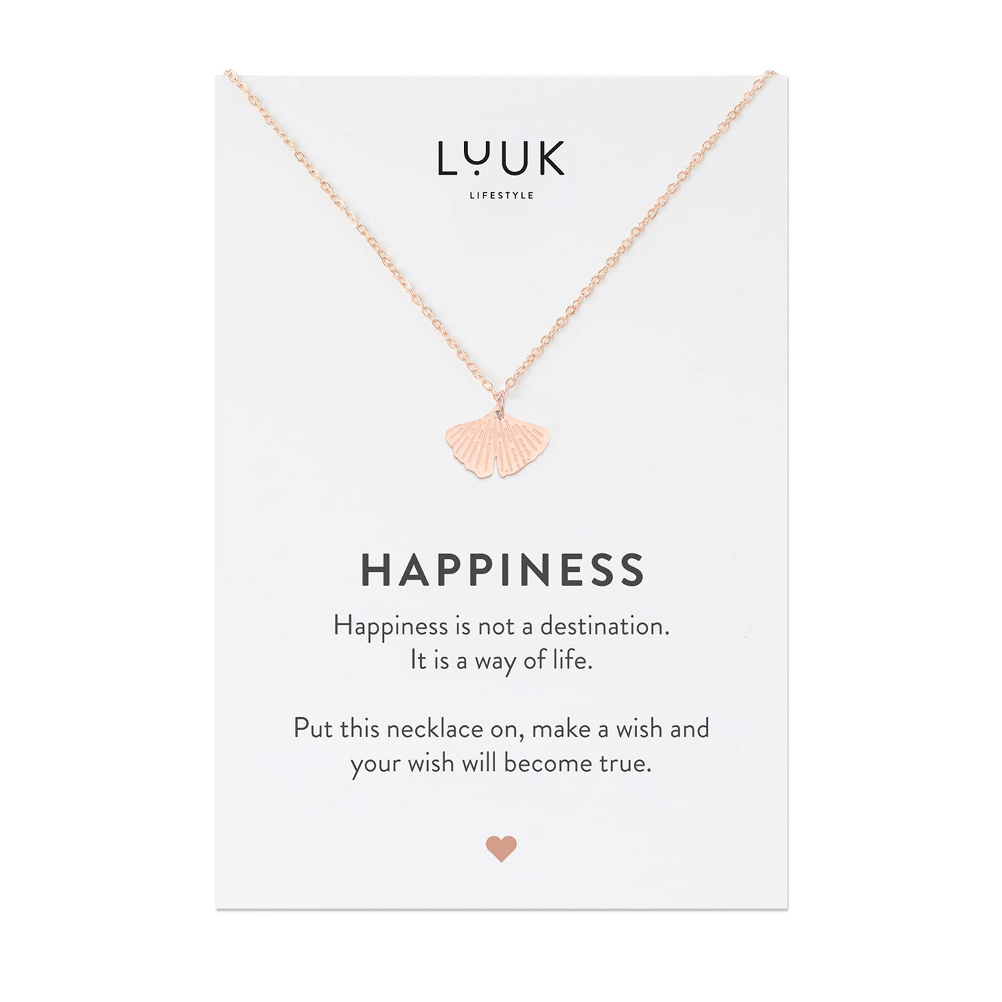 LUUK LIFESTYLE Filigree necklace with Gingko leaf pendant, HAPPINESS card, Stainless steel, Gift for women, 19” waterproof hypoallergenic chain, Rose gold