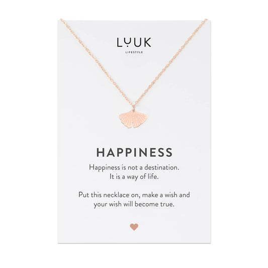 LUUK LIFESTYLE Filigree necklace with Gingko leaf pendant, HAPPINESS card, Stainless steel, Gift for women, 19” waterproof hypoallergenic chain, Rose gold